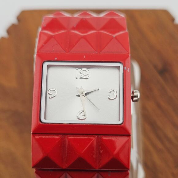 Red Studded Wide Band Bracelet Watch Art Deco Cube Chunky Bold Cosplay Costume - Picture 2 of 7